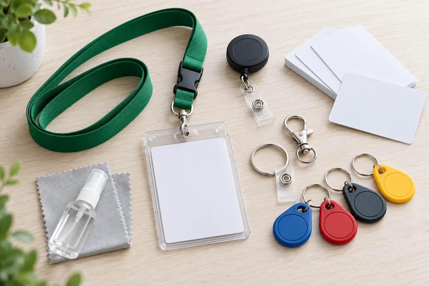 Illustrasjon av kortholder, nøkkelbånd, jojo, klips og RFID-brikker