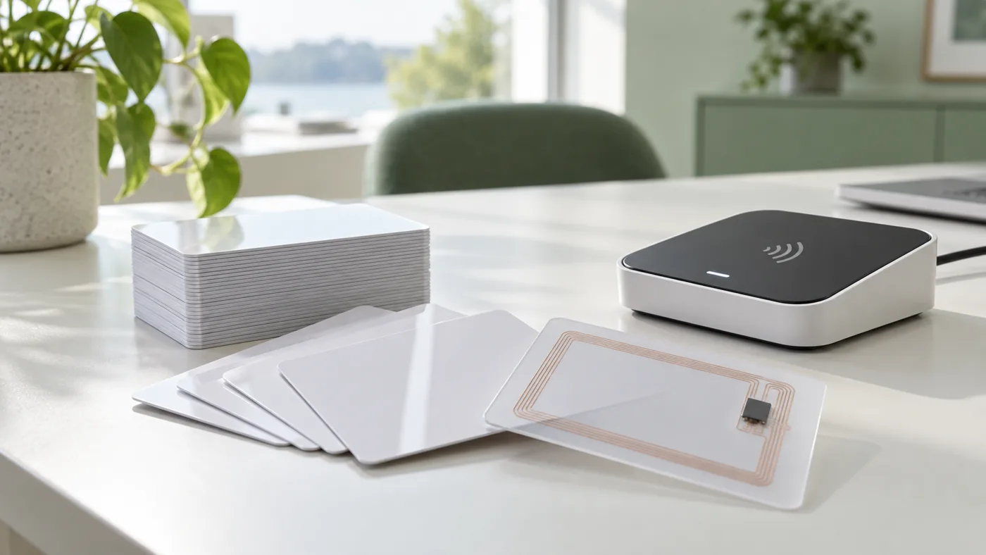 Illustrasjon av blanke plastkort og kontaktløs RFID-kortleser